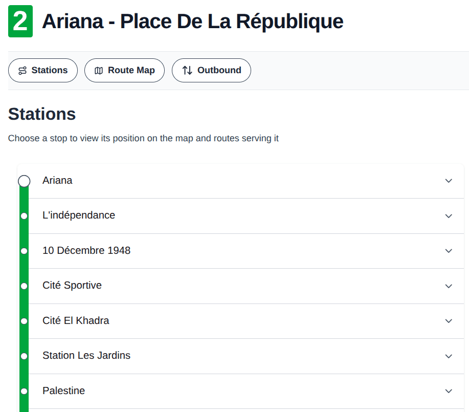 Route detail page showing stops and a route map